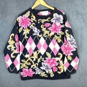 Vtg Jennifer Reed Hand Knit Pink Floral Sweater Small Cottagecore 3D Flaw
